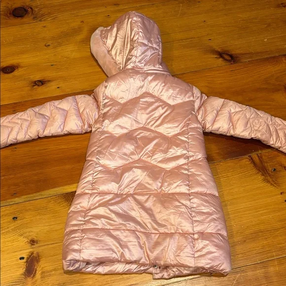 MAYORAL Spain 7 Peach Satin-Lined Jacket Fur Lined Hood High Sheen Puffer Trench